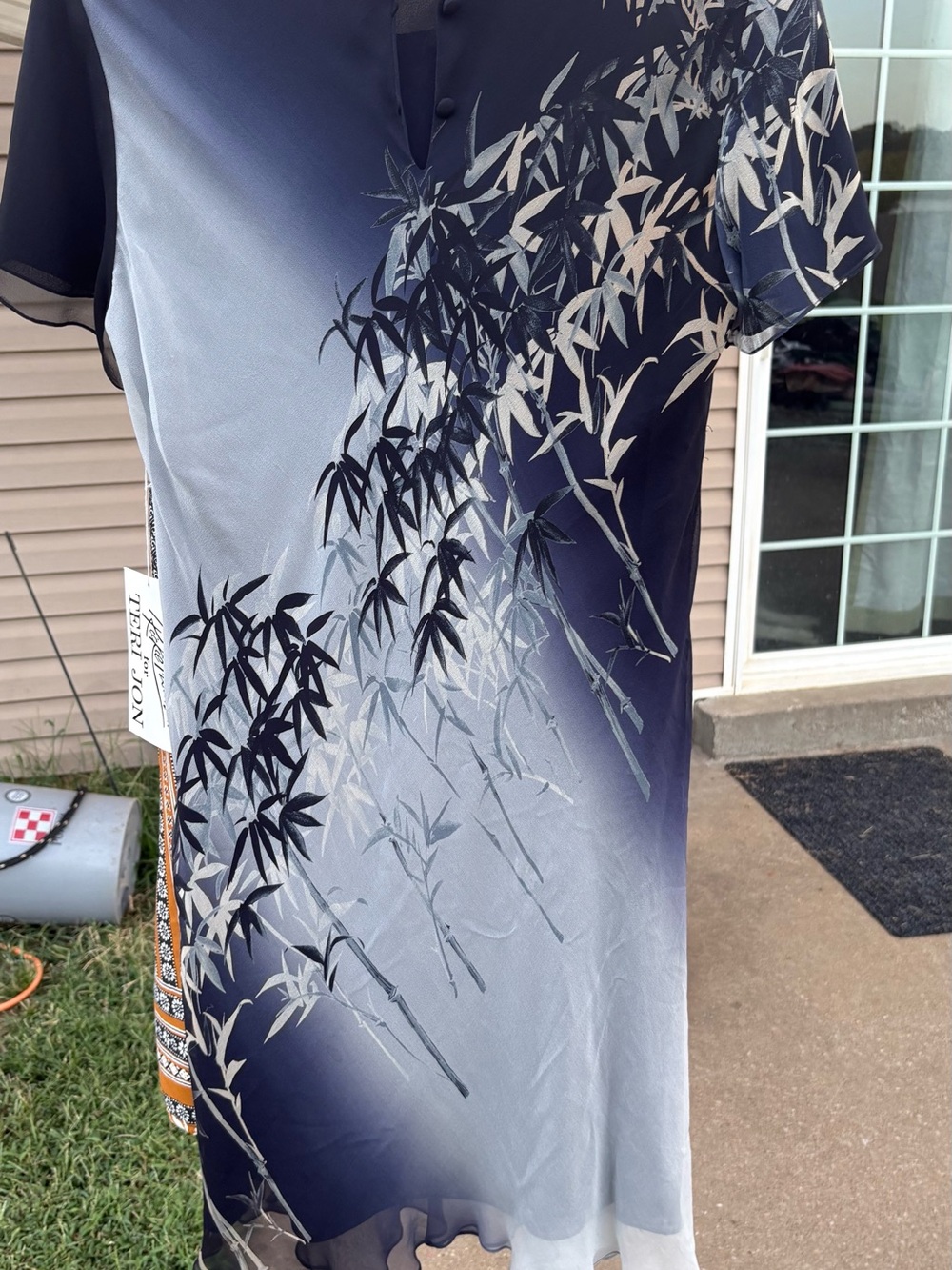 Teri Jon Navy and Light Gray Bamboo-Print Midi Dress